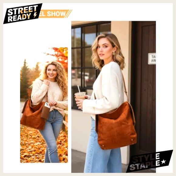 Soft Slouchy Suede Hobo Shoulder Bag, Adjustable Strap, Crossbody Tote Purse - Picture 2 of 7